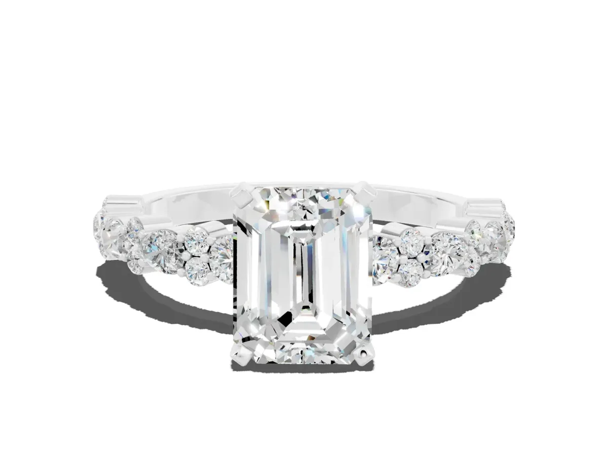 Emerald Cut Moissanite Side Stone Solitaire Ring with Round and Four-Prong Setting White gold