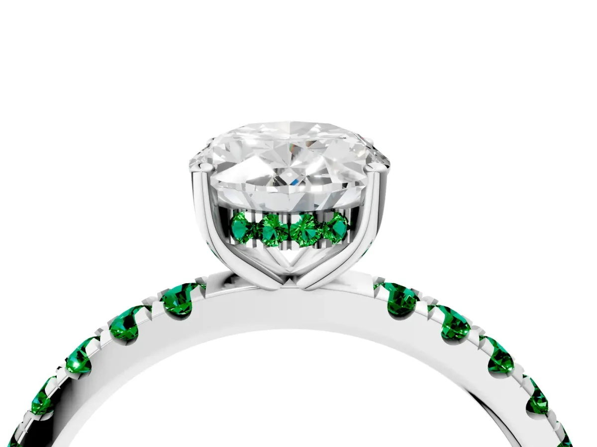 Oval Cut Diamond Pave Band Solitaire Ring with Round Emerald and Prong Setting White gold
