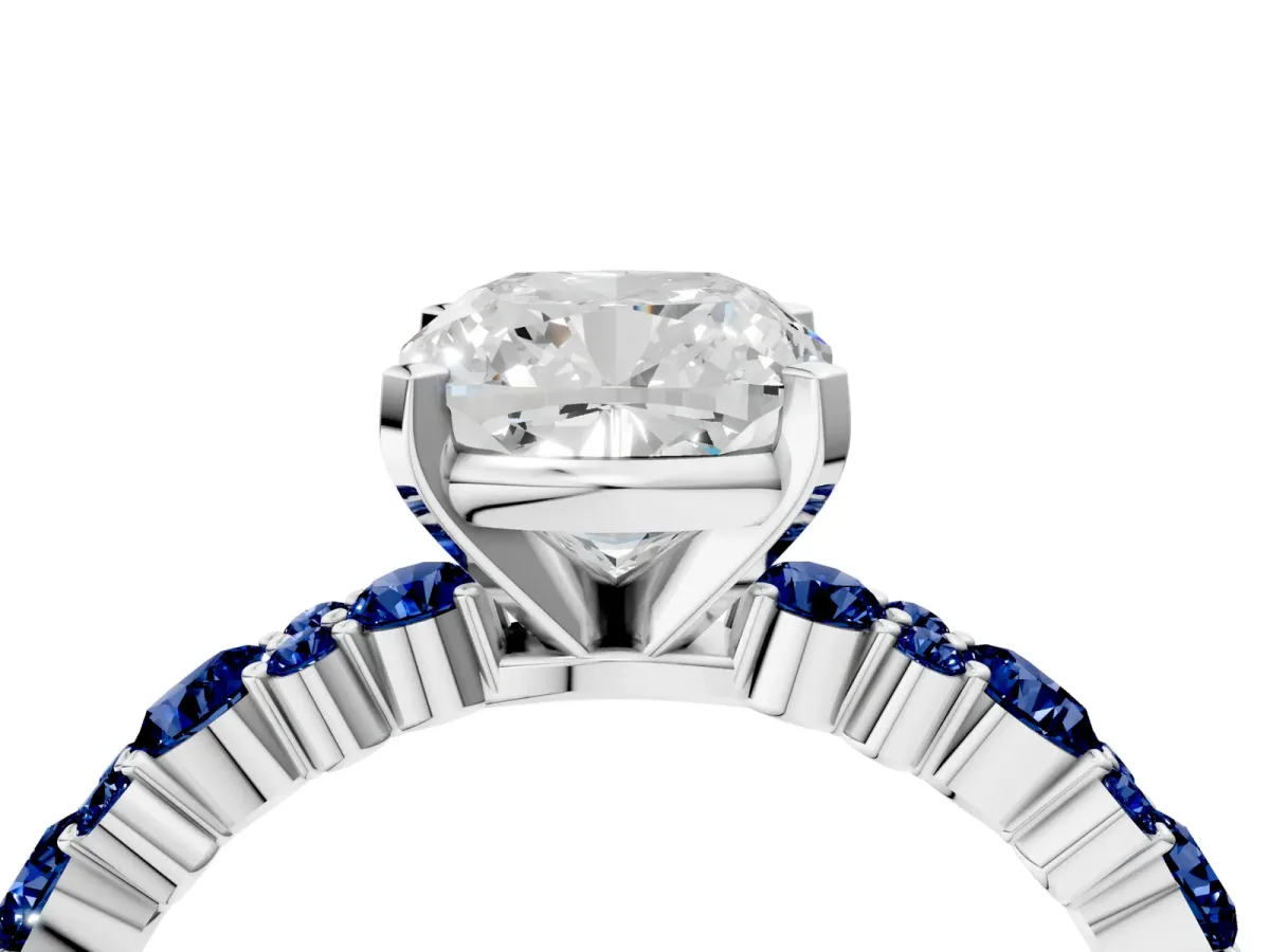 Cushion Cut Diamond Side Stone Solitaire Ring with Round Blue Sapphire and Four-Prong Setting Platinum