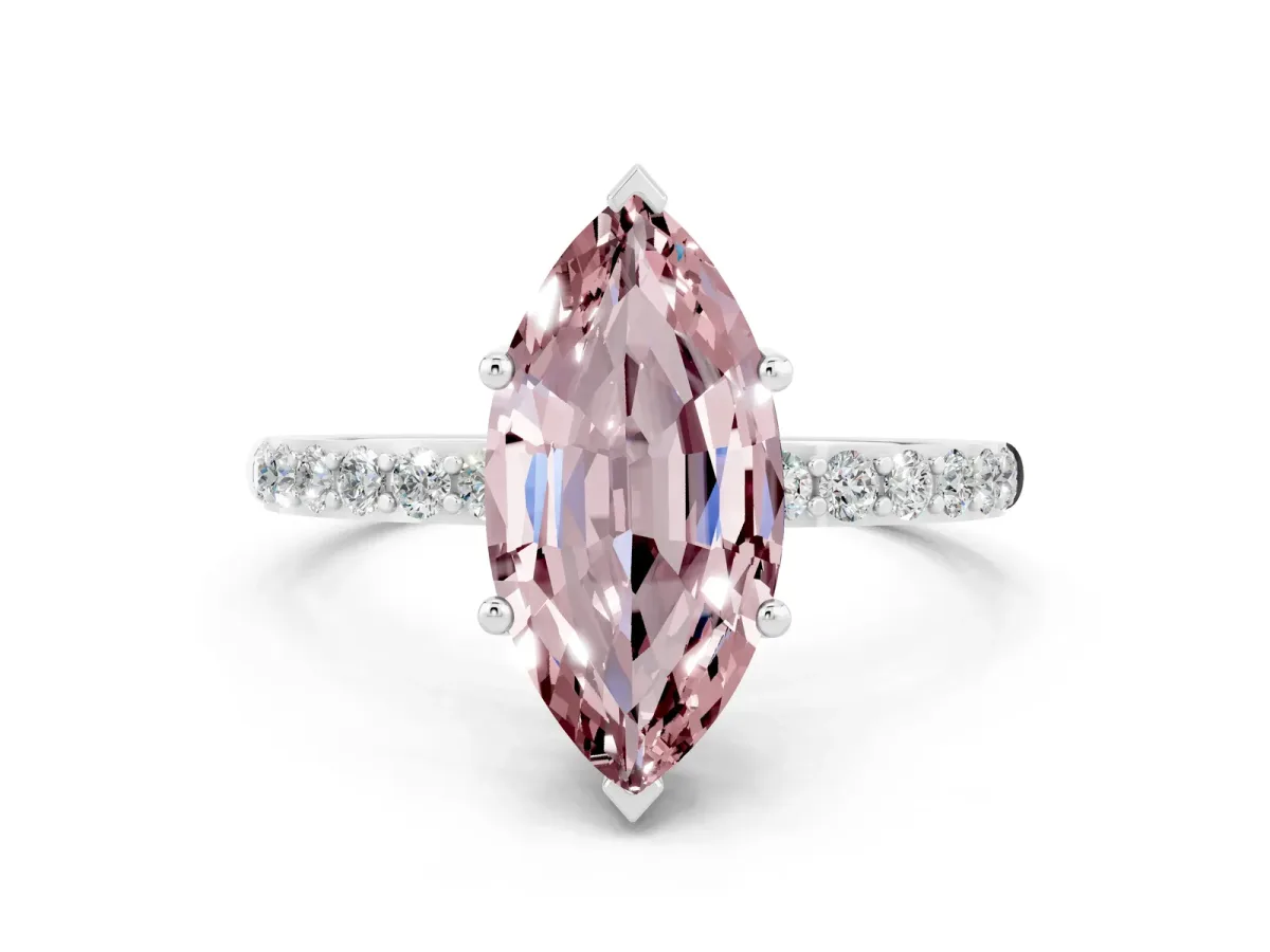 Marquise Cut Morganite Solitaire Ring with Round Pavé Band and Prong Setting Silver