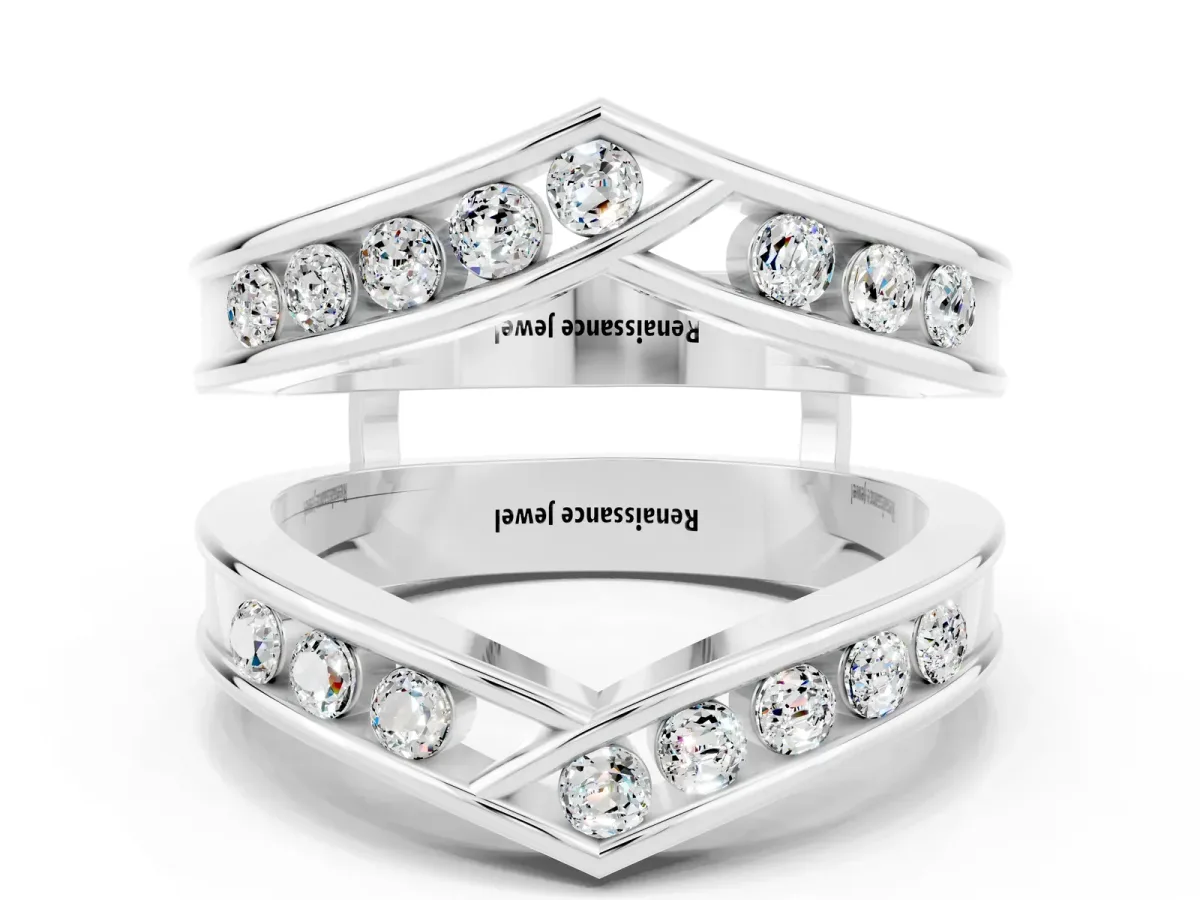 Round Moissanite Channel-Set Chevron Band Silver