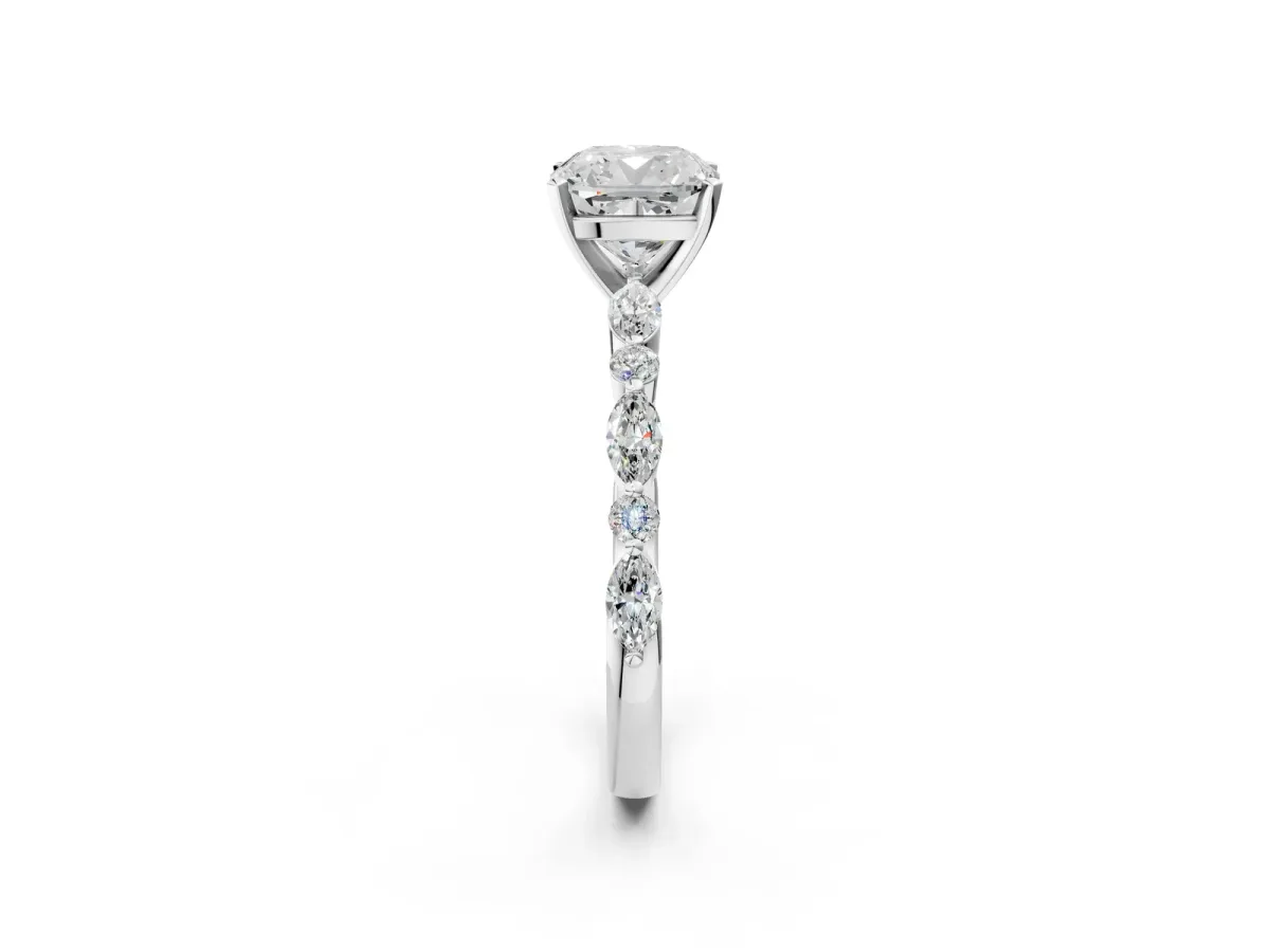 Cushion Cut Diamond Ring with Marquise and Round Moissanite Side Stones and Four-Prong Setting Silver