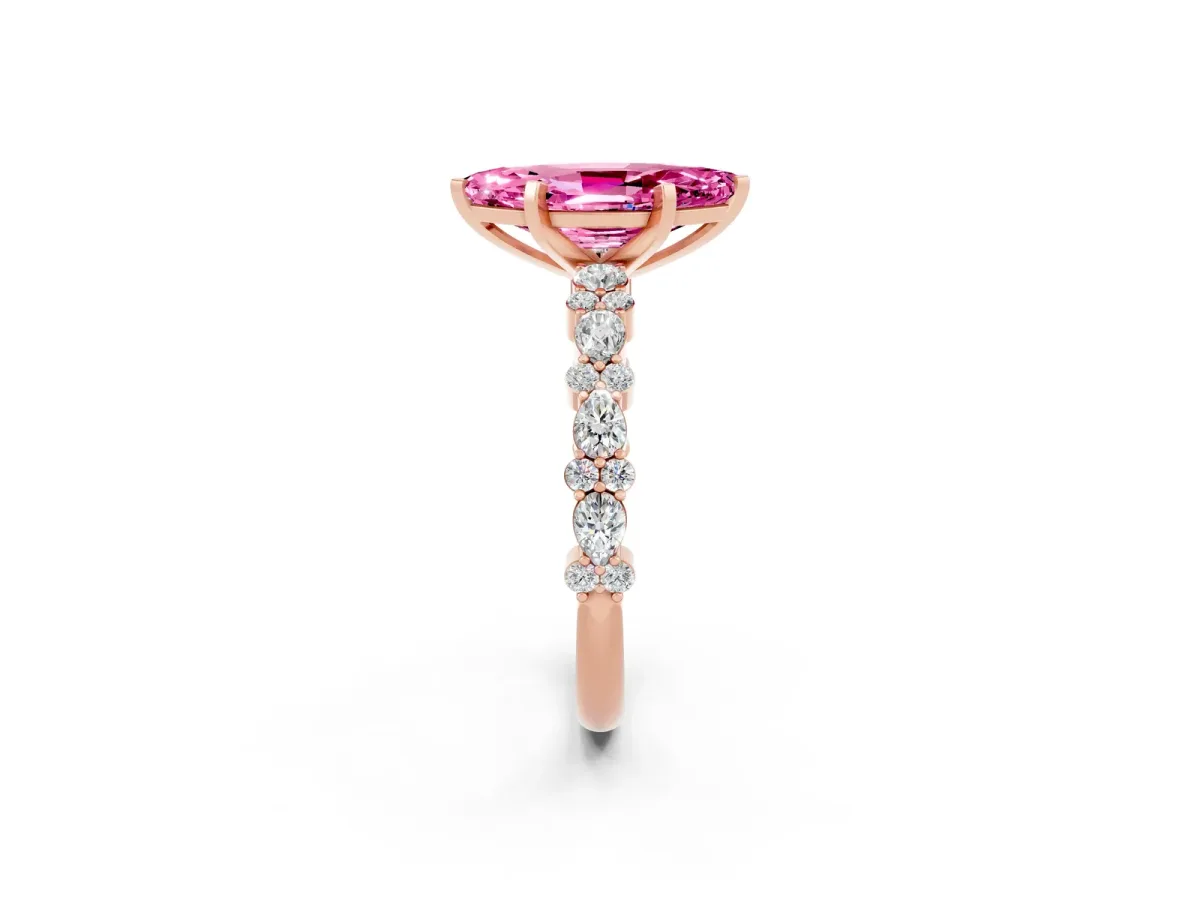 Marquise Cut Pink Sapphire Side Stone Solitaire Ring with Round and Four-Prong Setting Rose gold