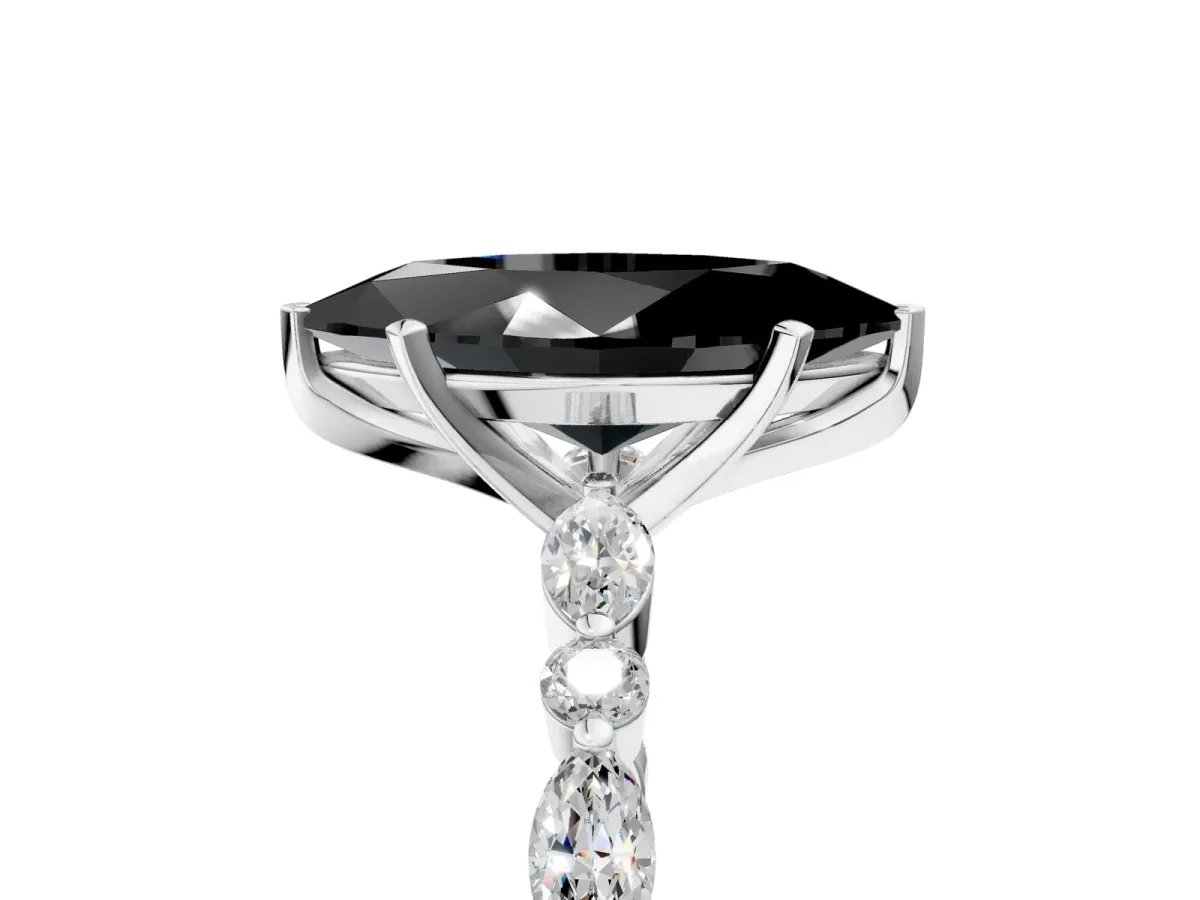 Fancy Black Marquise Cut Diamond Ring with Marquise and Round Side Stones and Four-Prong Setting Silver