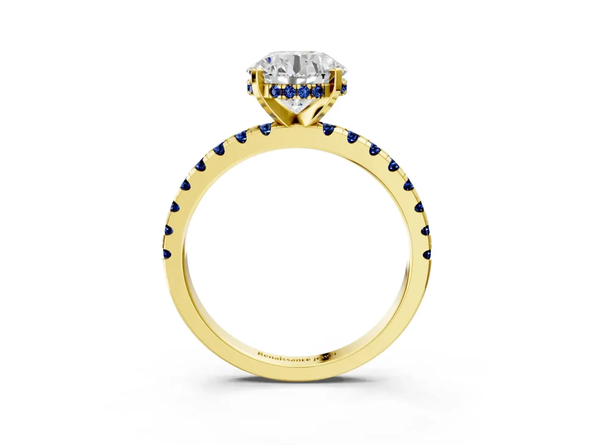 Round Cut Diamond Solitaire Ring with Round Blue Sapphire Pavé Band and Four-Prong Setting Yellow gold