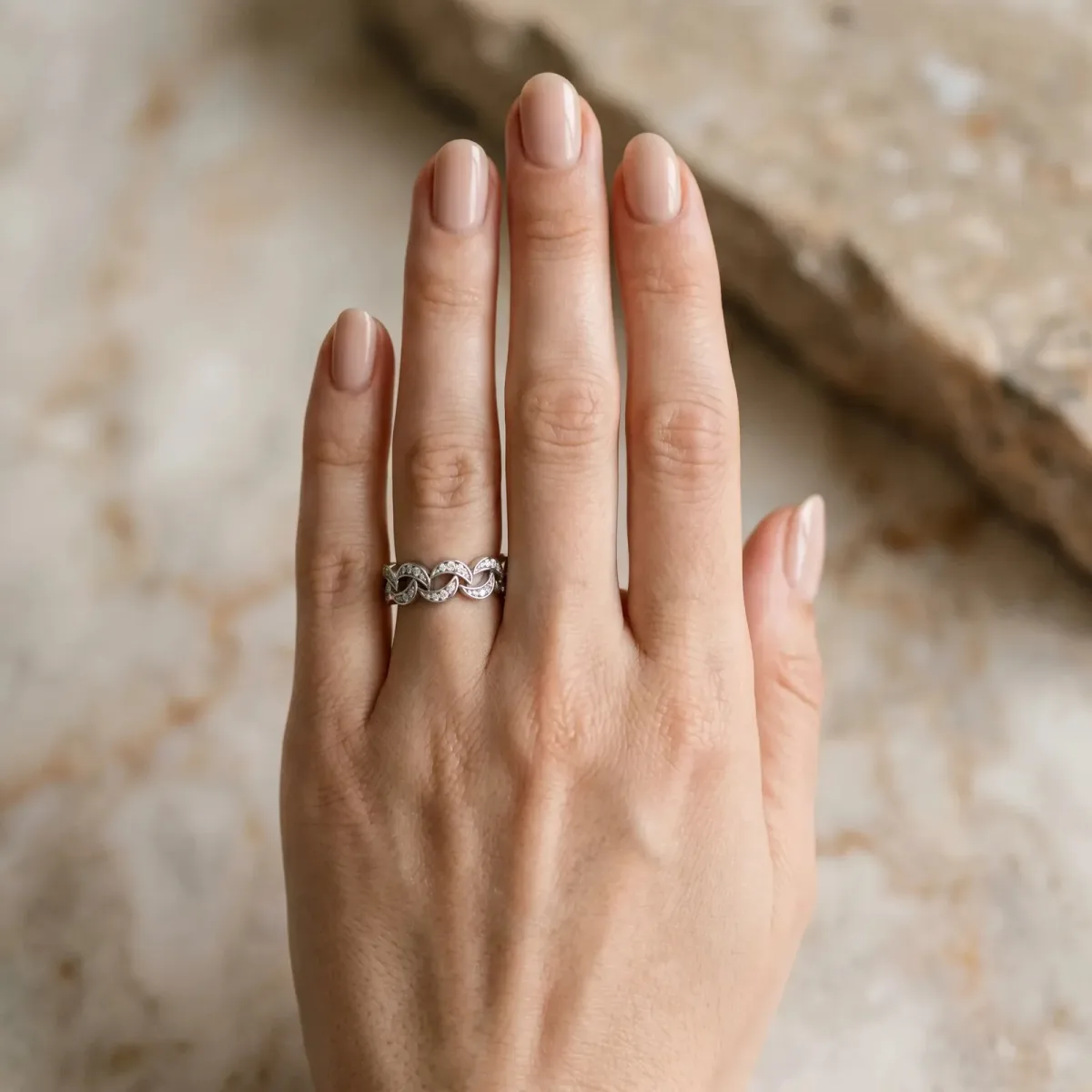 Pavé Round Diamond Interlocking Eternity Band with Bezel Prong Setting Platinum