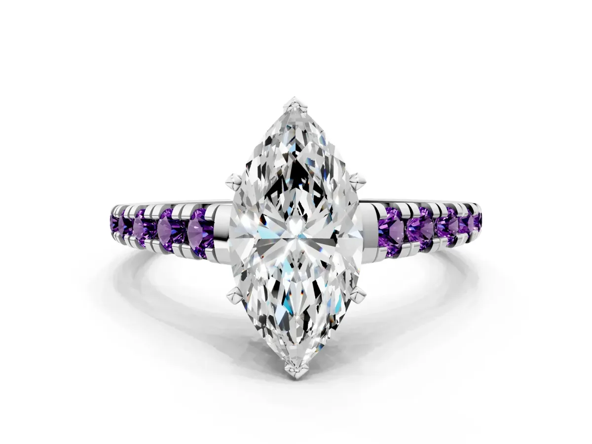 Marquise Cut Diamond Cathedral Solitaire Ring with Round Amethyst Pavé Band White gold