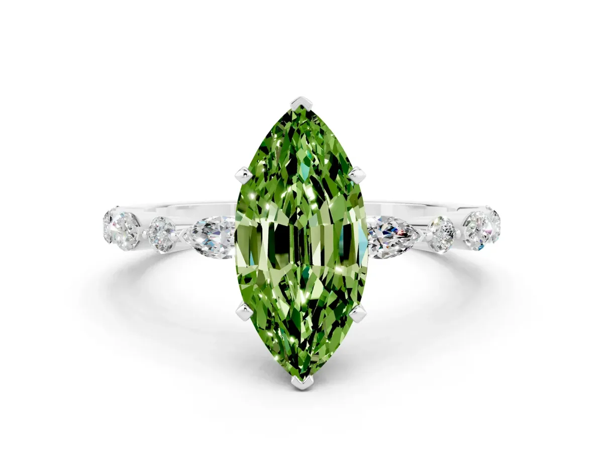 Marquise Cut Peridot Ring with Marquise and Round Side Stones and Four-Prong Setting Platinum