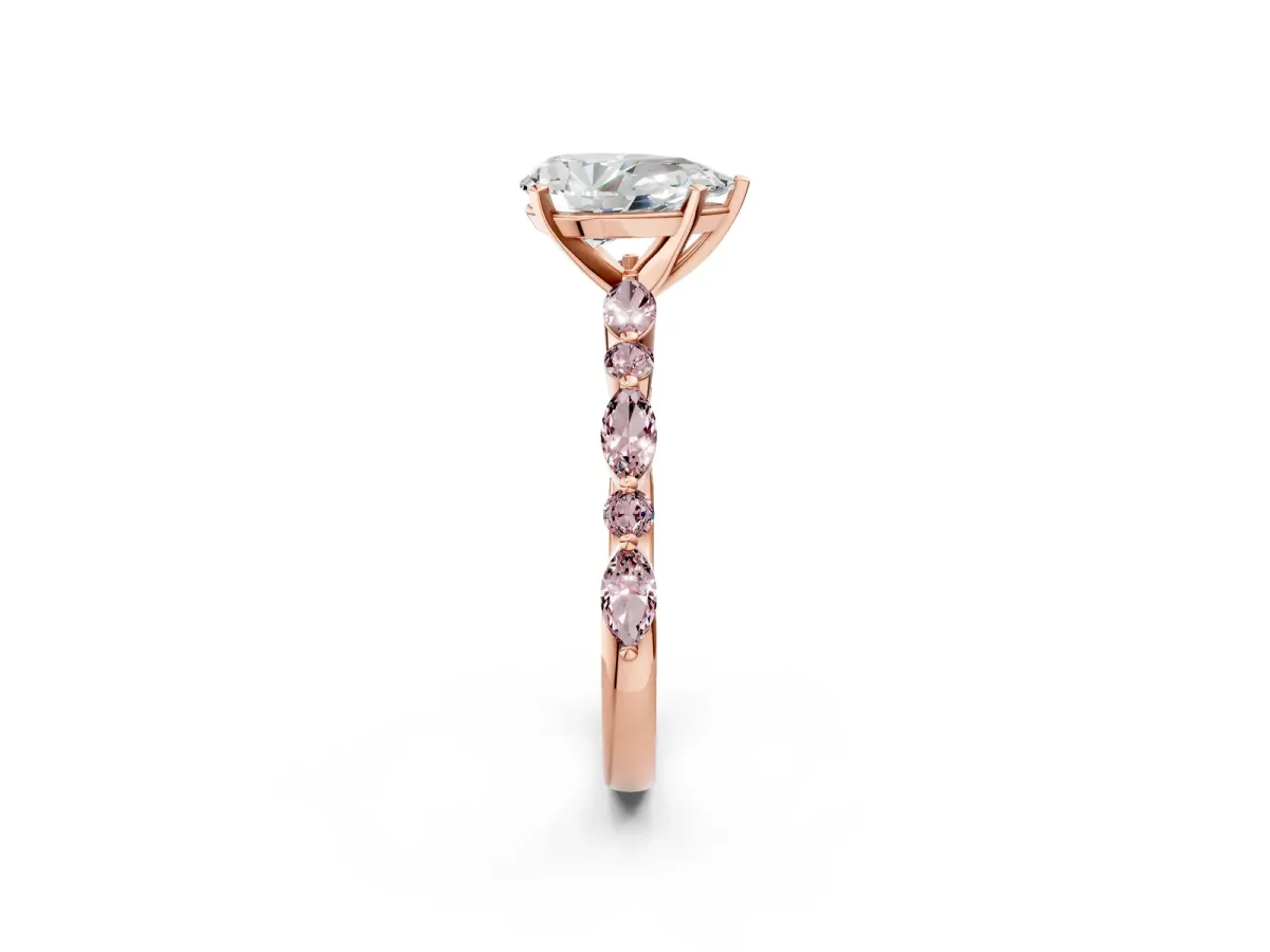 Pear Cut Diamond Ring with Marquise and Round Morganite Side Stones and Four-Prong Setting Rose gold