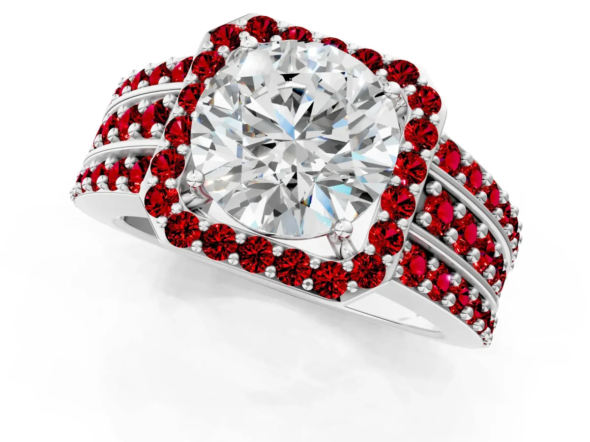 Round Cut Halo Diamond Ring with Round Ruby Split Shank and Prong Setting Platinum