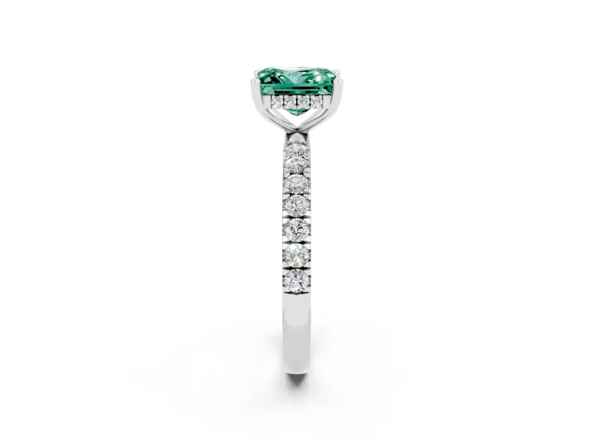 Princess Cut Green Sapphire Pave Band Solitaire Ring with Round and Prong Setting Platinum