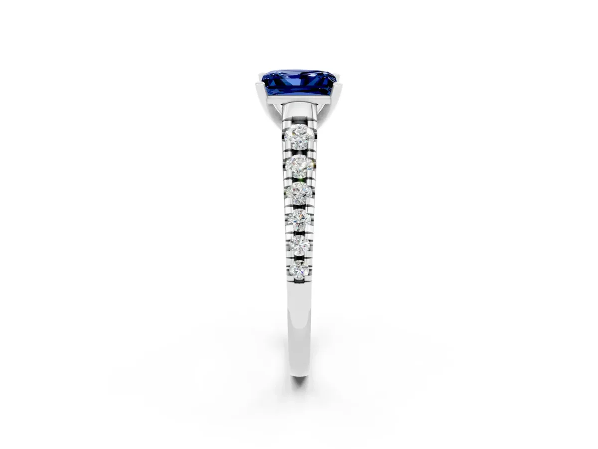 Princess Cut Blue Sapphire Cathedral Solitaire Ring with Round Pavé Band Platinum