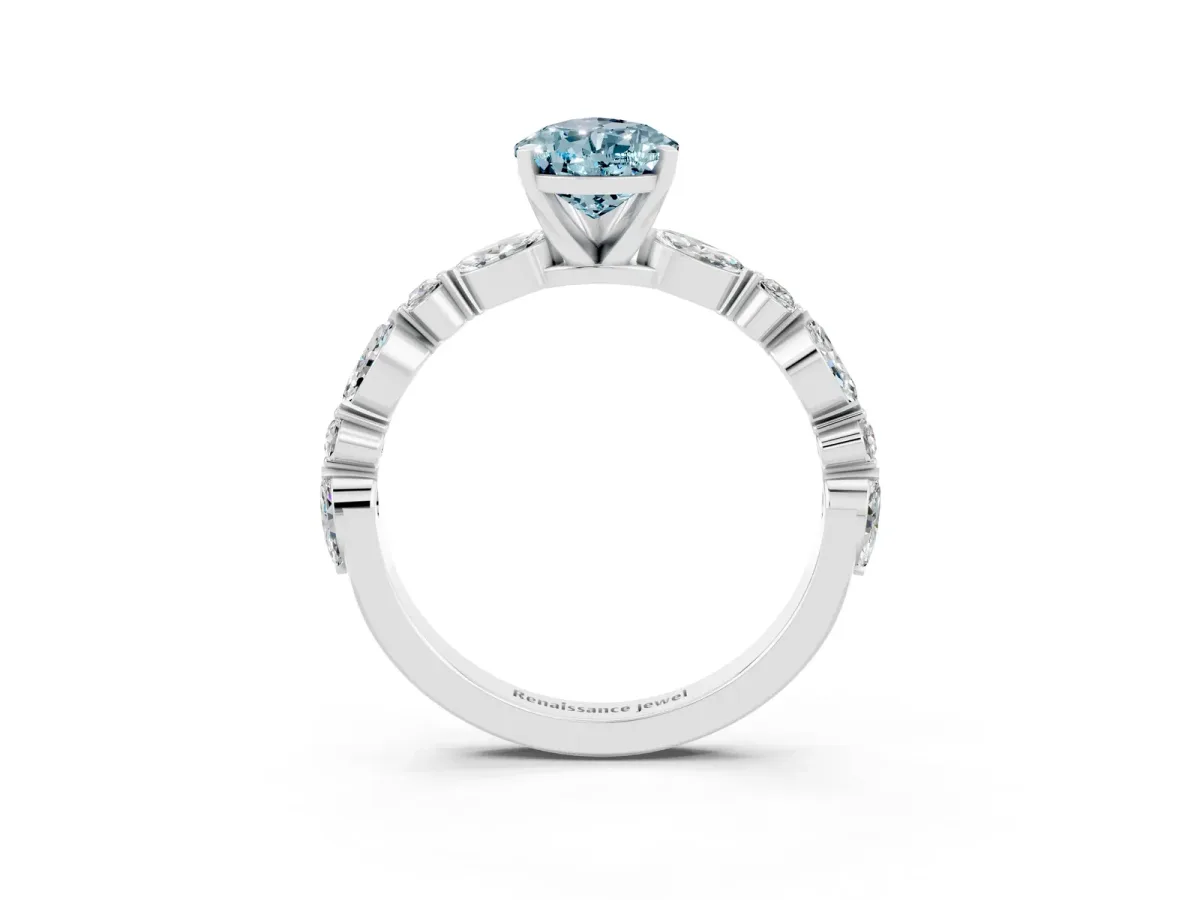 Pear Cut Aquamarine Ring with Marquise and Round Side Stones and Four-Prong Setting Silver