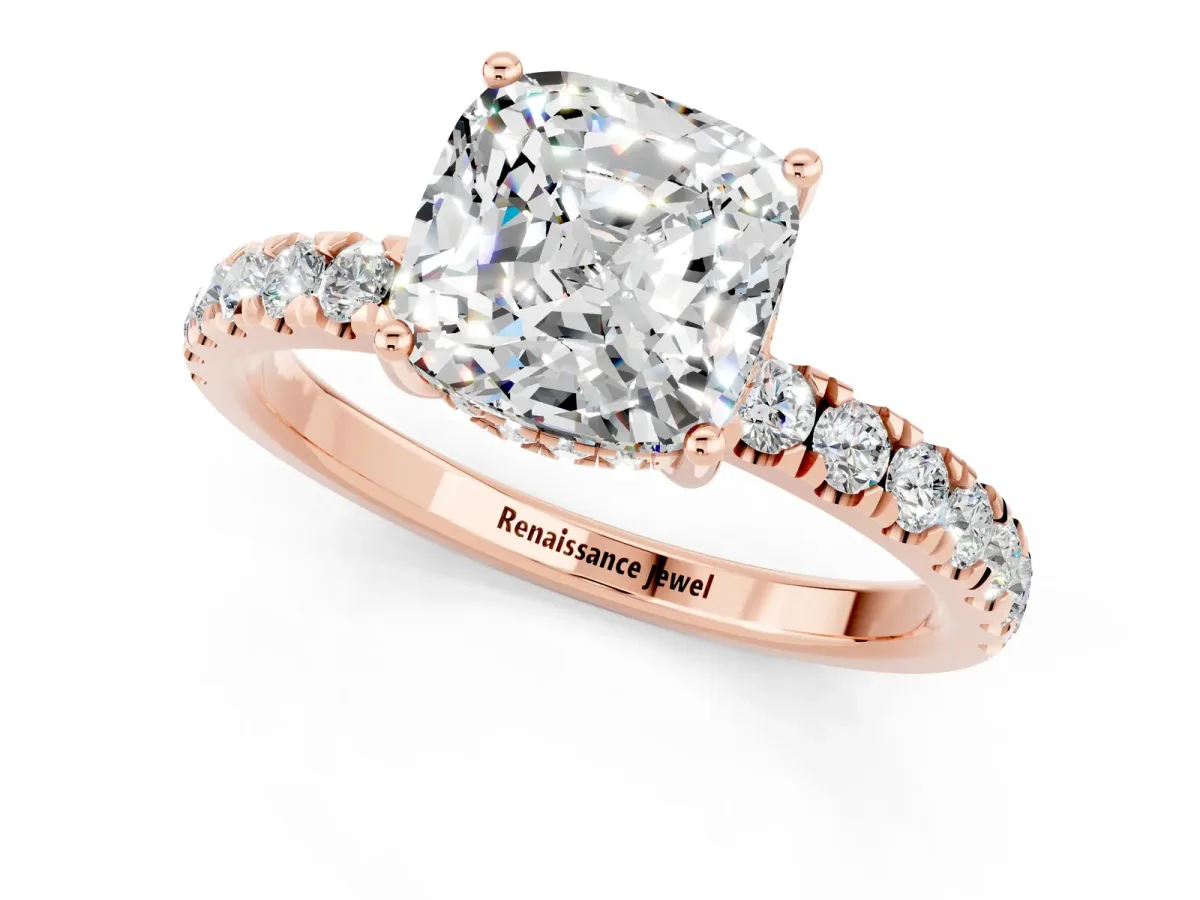 Cushion Cut Moissanite Pave Band Solitaire Ring with Round and Prong Setting Rose gold