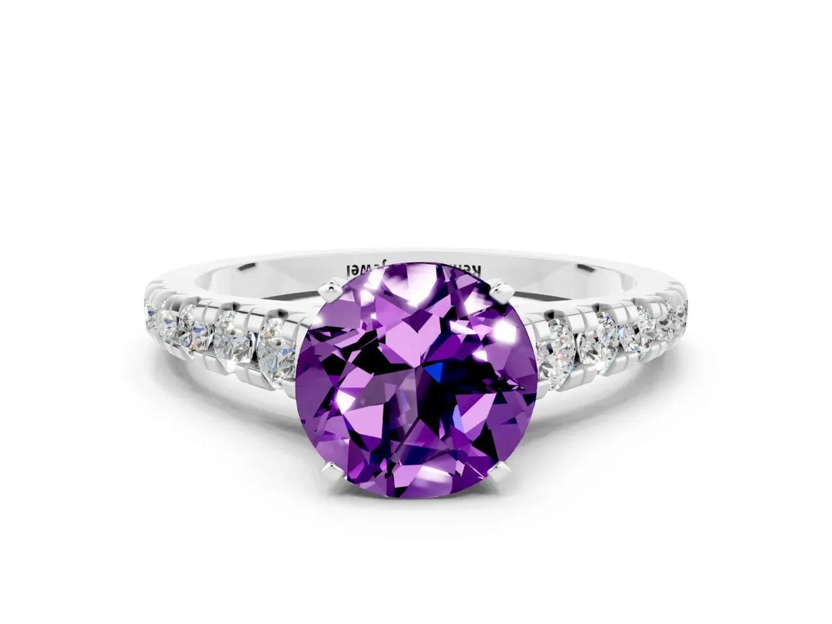 Round Cut Amethyst Cathedral Solitaire Ring with Round Pavé Band White gold