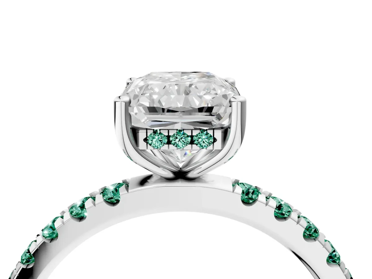 Radiant Cut Diamond Pave Band Solitaire Ring with Round Green Sapphire and Prong Setting Silver