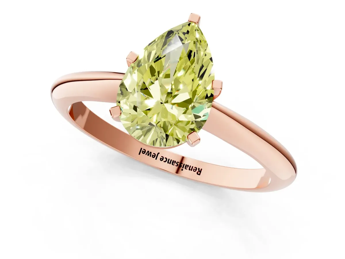 Fancy Yellow Pear Cut Diamond Solitaire Engagement Ring with Classic Band and Four-Prong Setting Rose gold