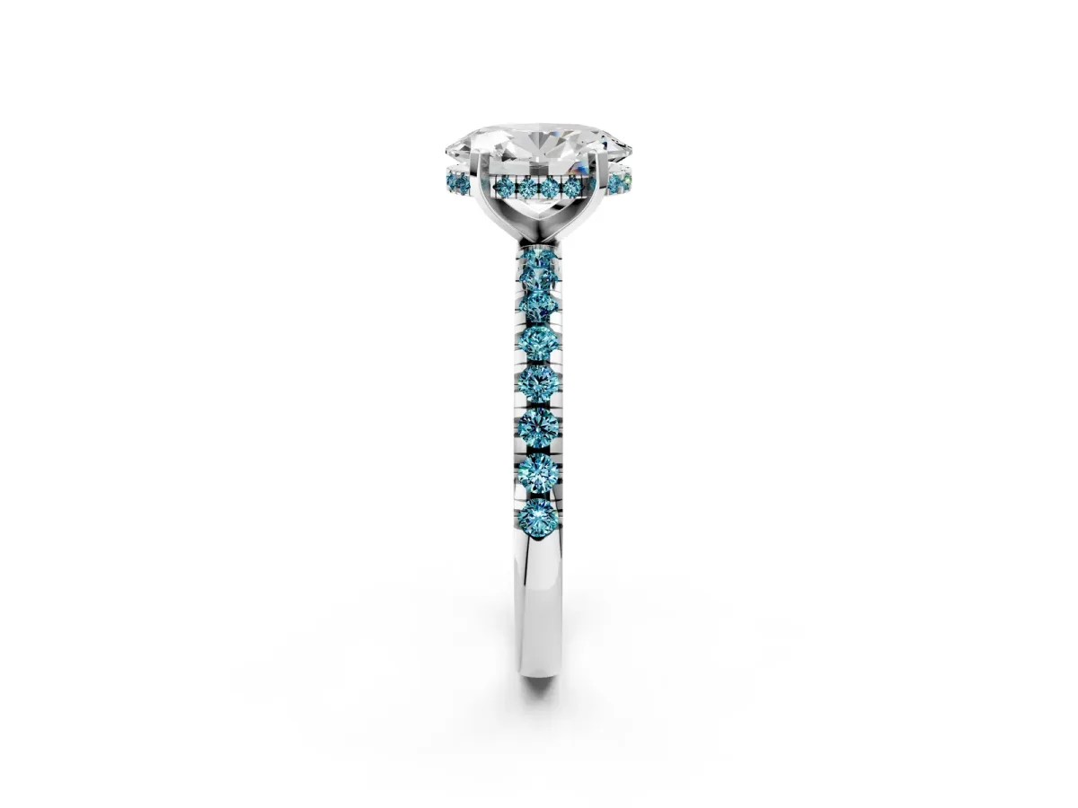 Oval Cut Diamond Solitaire Ring with Round Blue Topaz Pavé Band and Four-Prong Setting Platinum