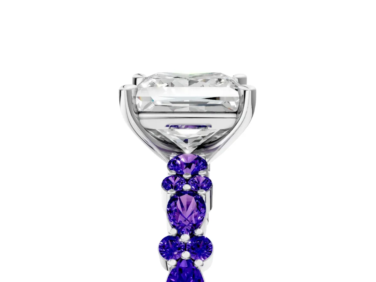 Princess Cut Diamond Side Stone Solitaire Ring with Round Tanzanite and Four-Prong Setting Silver