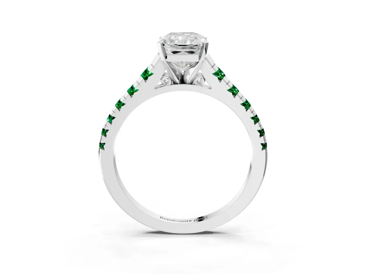Radiant Cut Diamond Cathedral Solitaire Ring with Round Emerald Pavé Band Silver