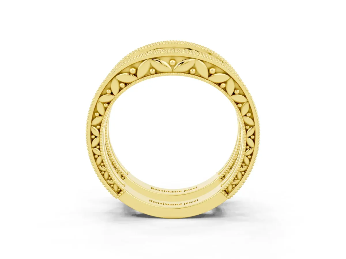 Round Green Sapphire Milgrain Eternity Band with Channel Setting Yellow gold