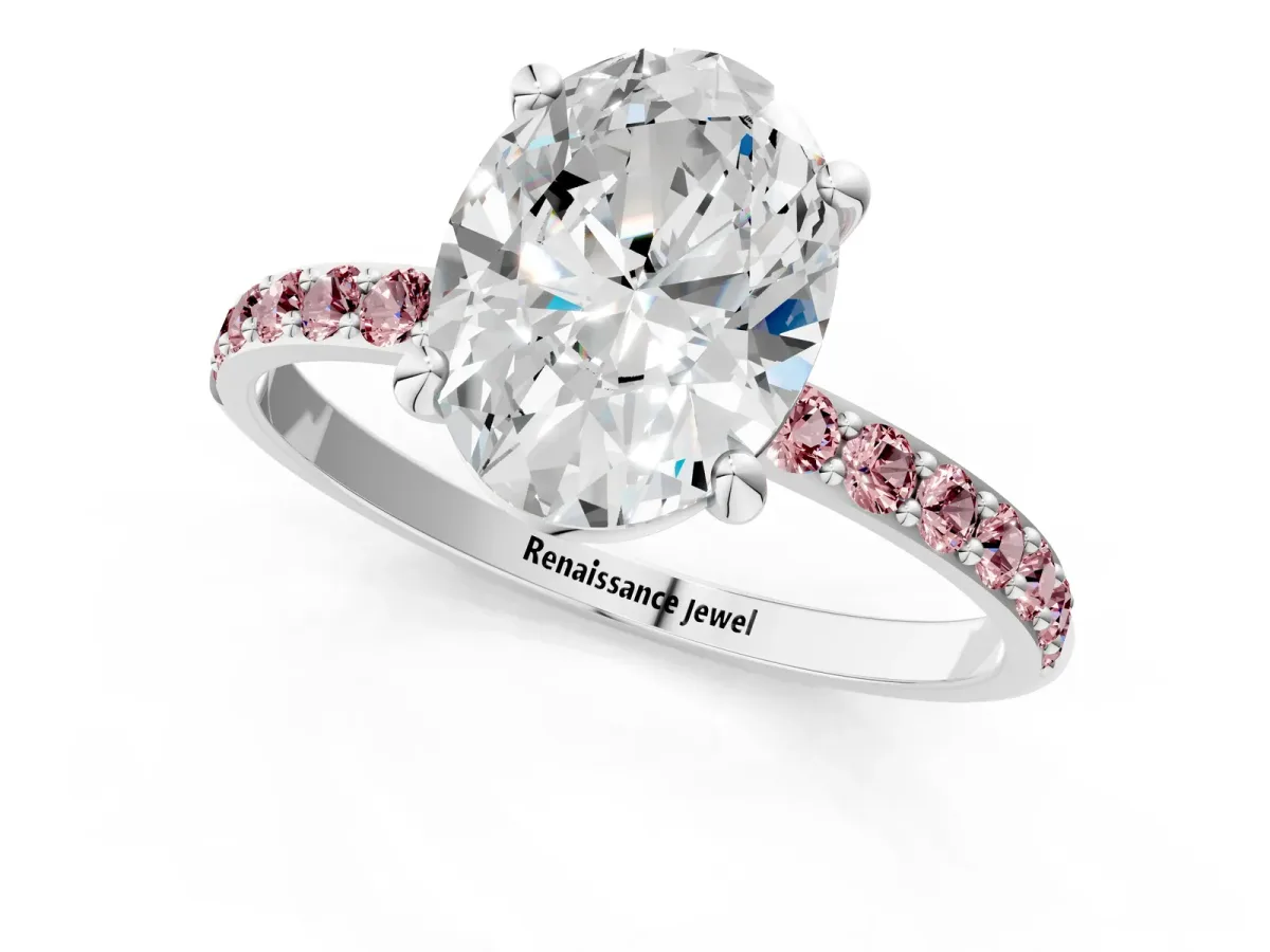 Oval Cut Diamond Solitaire Ring with Round Morganite Pavé Band and Prong Setting Silver