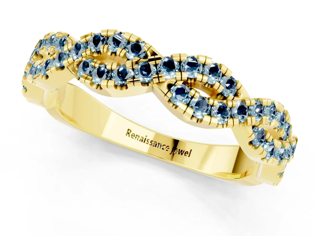 Round Aquamarine Twisted Eternity Band with Pavé and Shared Prong Setting Yellow gold