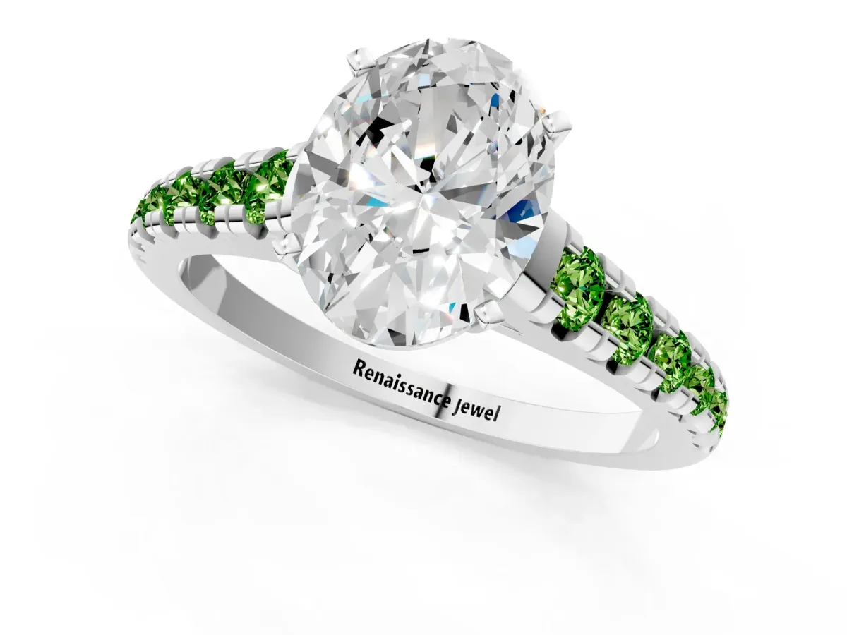 Oval Cut Diamond Cathedral Solitaire Ring with Round Peridot Pavé Band White gold