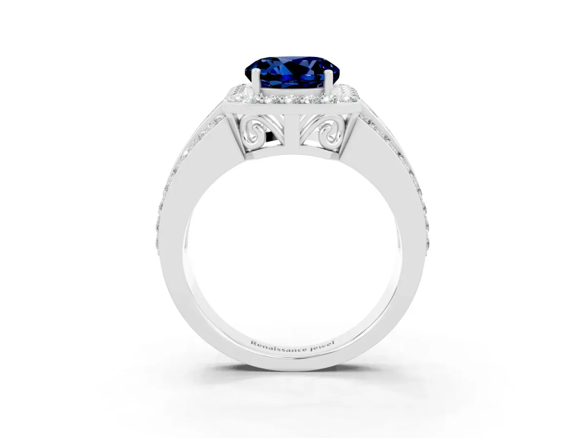 Round Cut Halo Blue Sapphire Ring with Round Split Shank and Prong Setting Silver