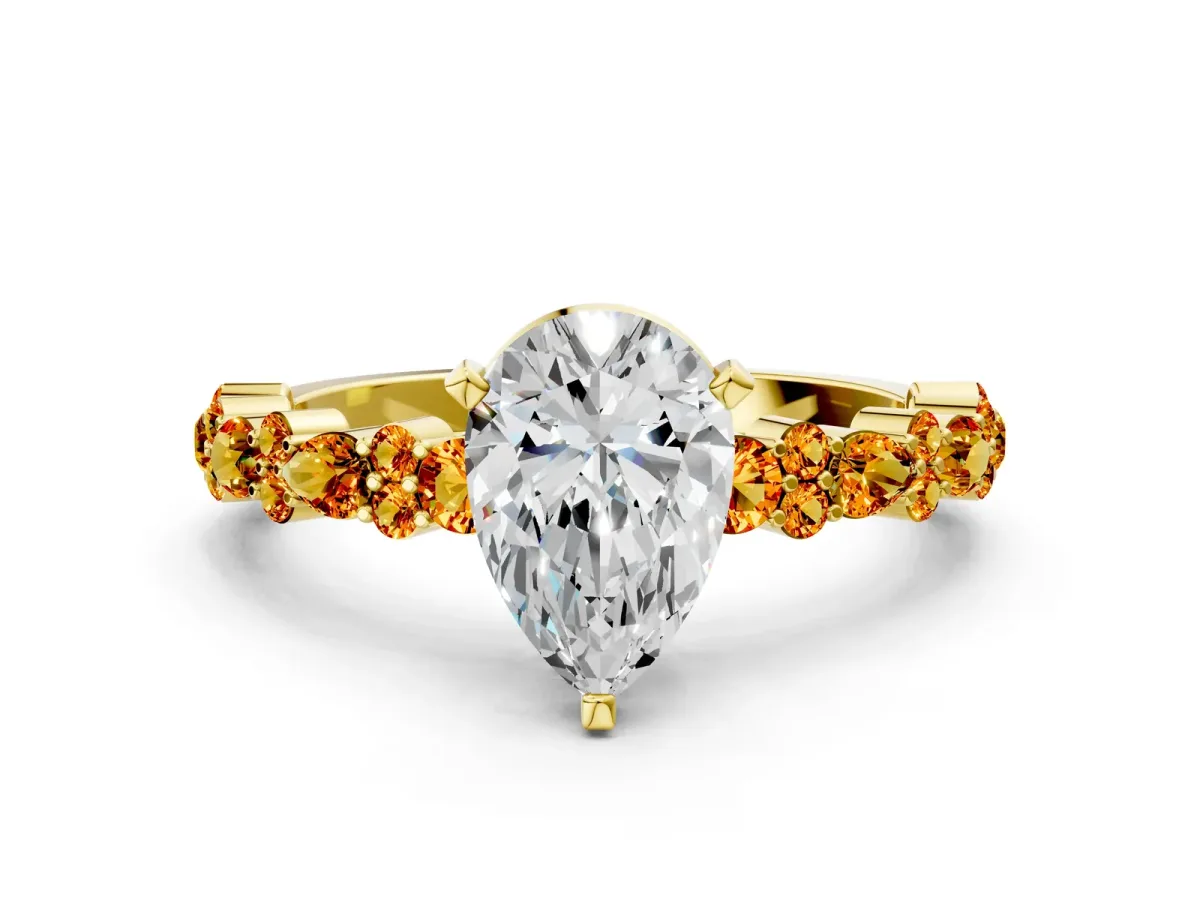 Pear Cut Diamond Side Stone Solitaire Ring with Round Citrine and Four-Prong Setting Yellow gold