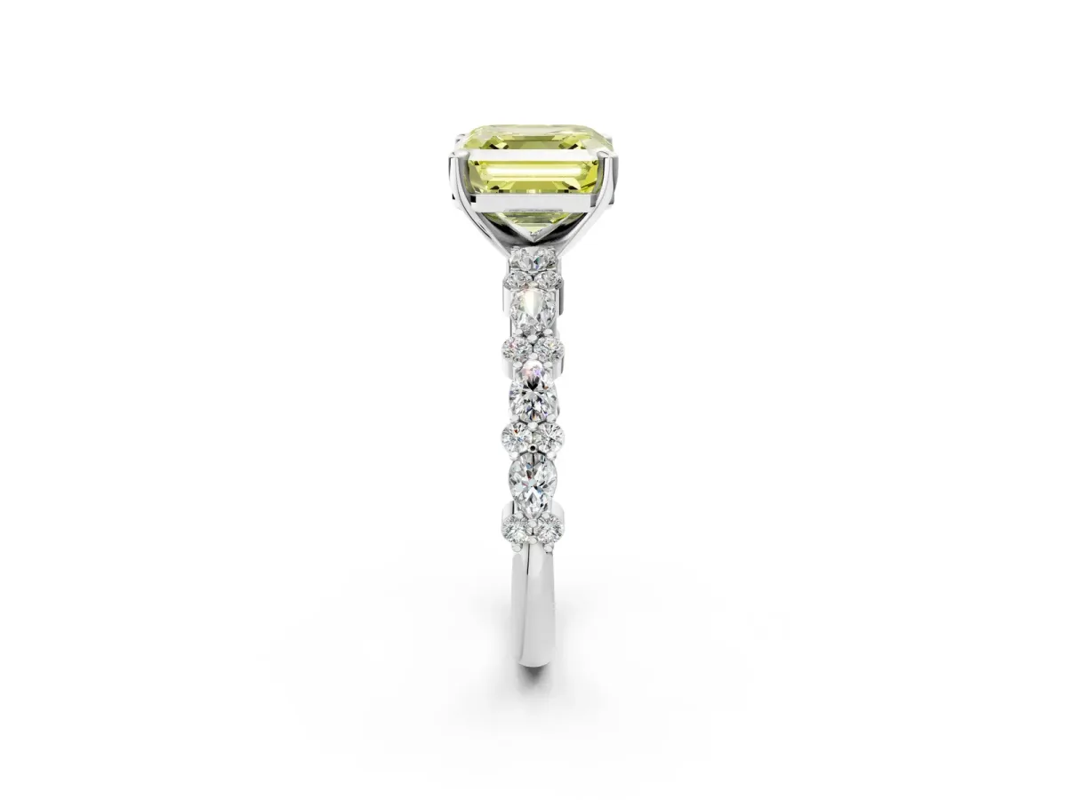Fancy Yellow Asscher Cut Diamond Side Stone Solitaire Ring with Round and Four-Prong Setting Platinum