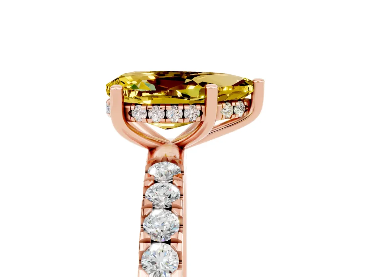 Pear Cut Yellow Sapphire Pave Band Solitaire Ring with Round and Prong Setting Rose gold