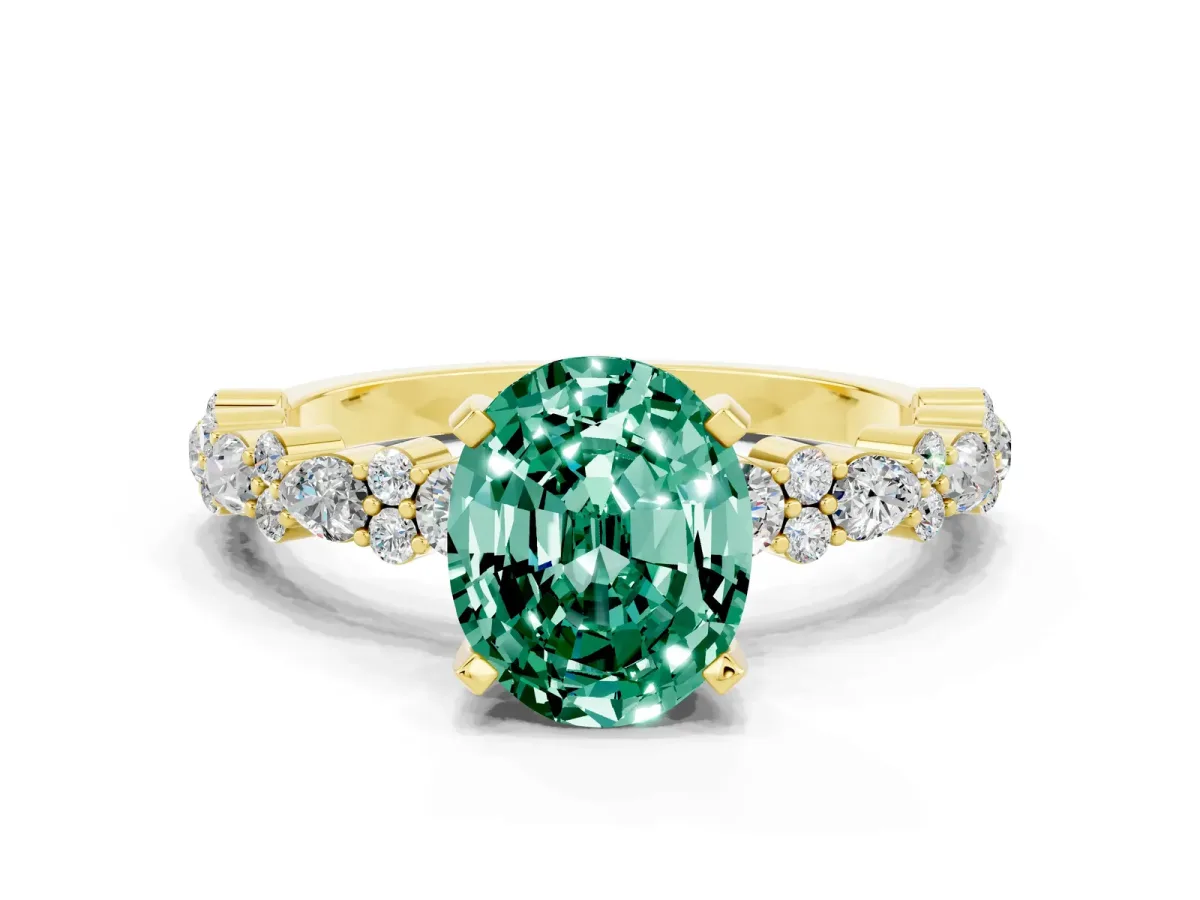 Oval Cut Green Sapphire Side Stone Solitaire Ring with Round and Four-Prong Setting Yellow gold