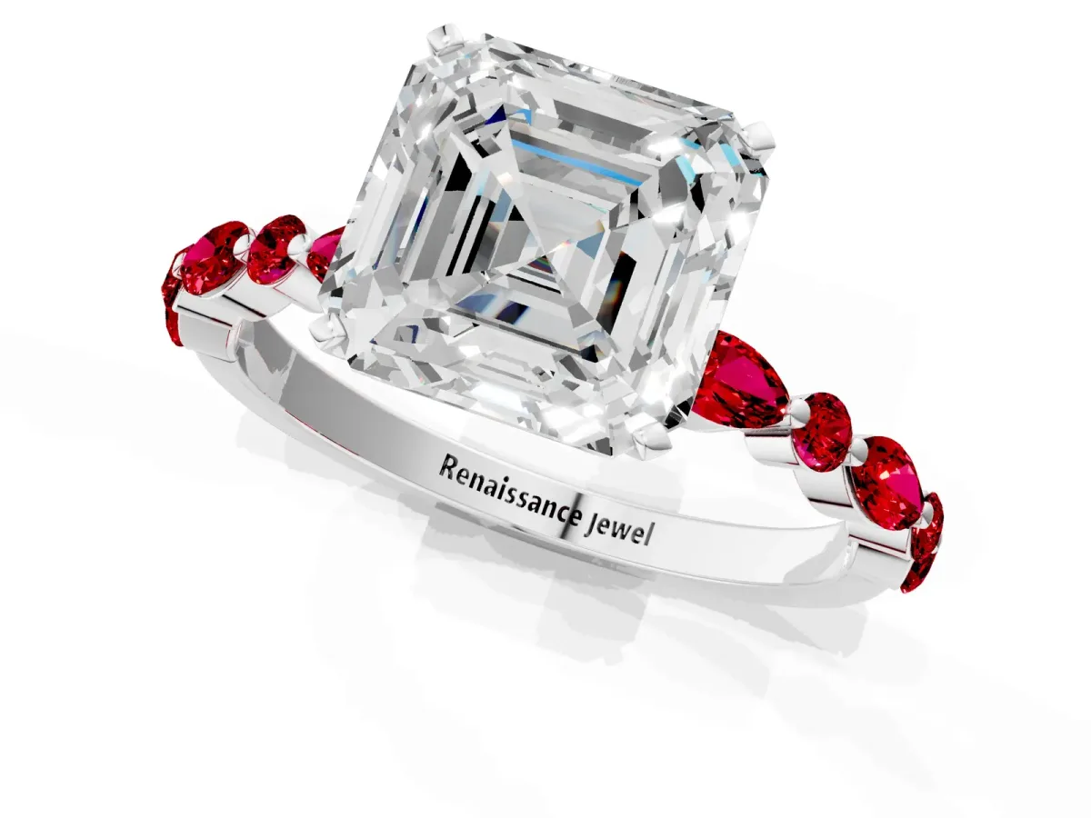 Asscher Cut Diamond Ring with Marquise and Round Ruby Side Stones and Four-Prong Setting Silver