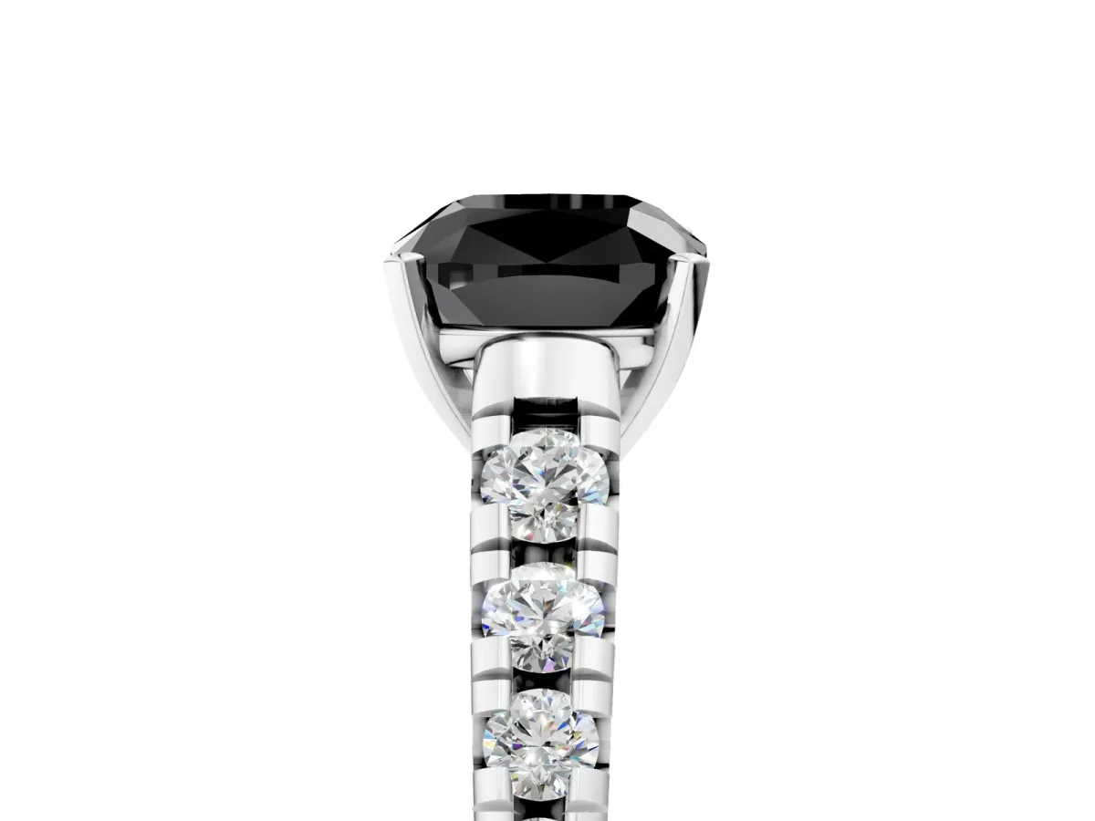 Fancy Black Cushion Cut Diamond Cathedral Solitaire Ring with Round Pavé Band Platinum