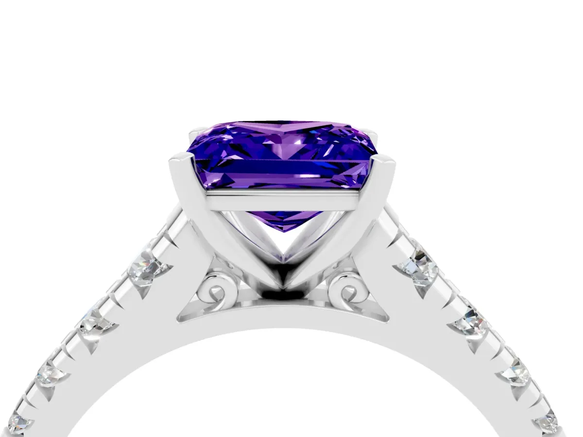 Princess Cut Tanzanite Cathedral Solitaire Ring with Round Pavé Band Silver