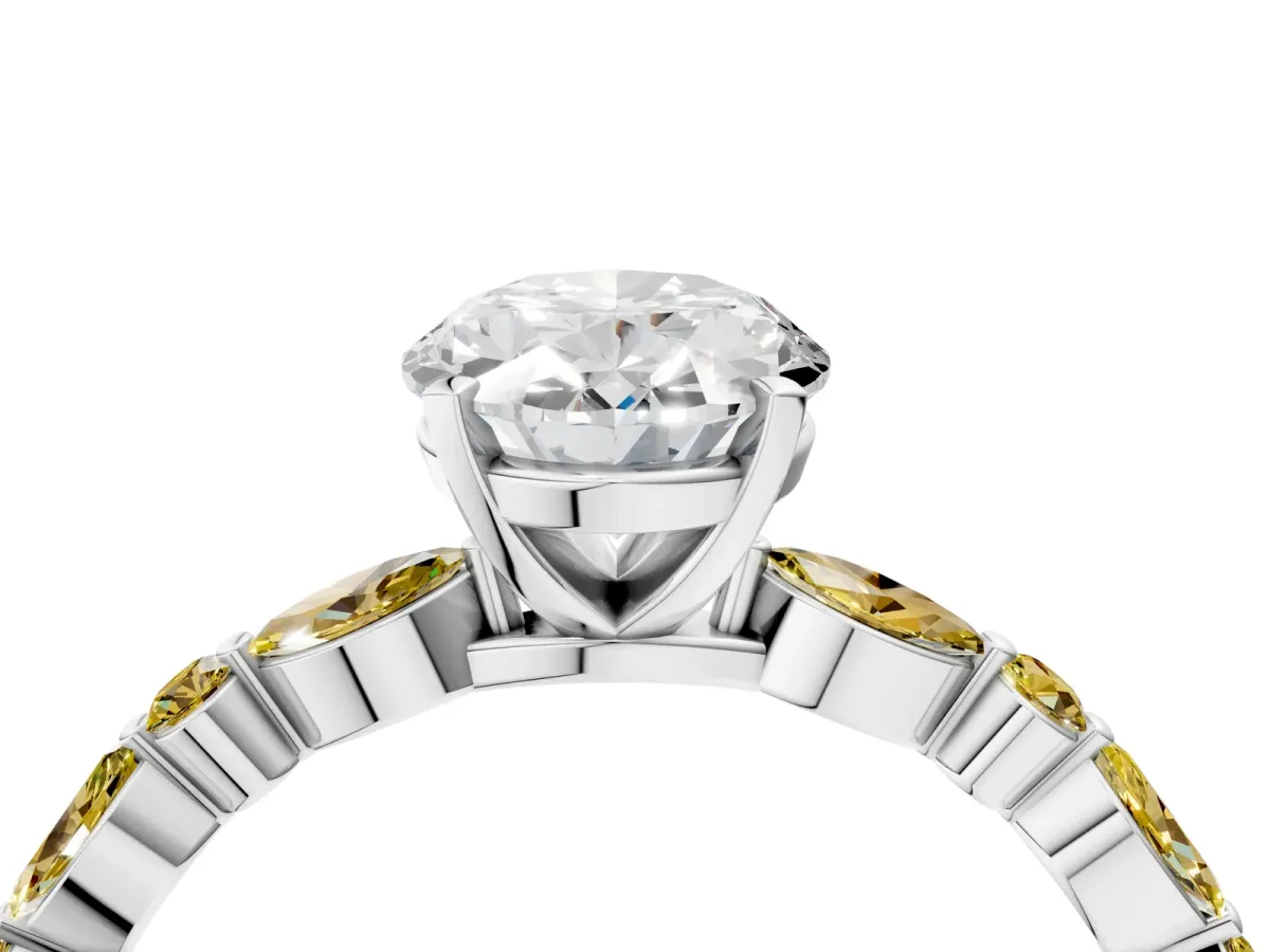 Oval Cut Diamond Ring with Marquise and Round Yellow Sapphire Side Stones and Four-Prong Setting Silver