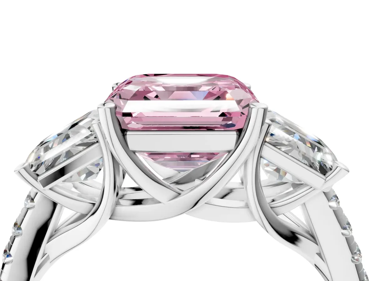 Fancy Pink Three-Stone Asscher Cut Diamond Ring with Round Pavé Band and Prong Setting Silver