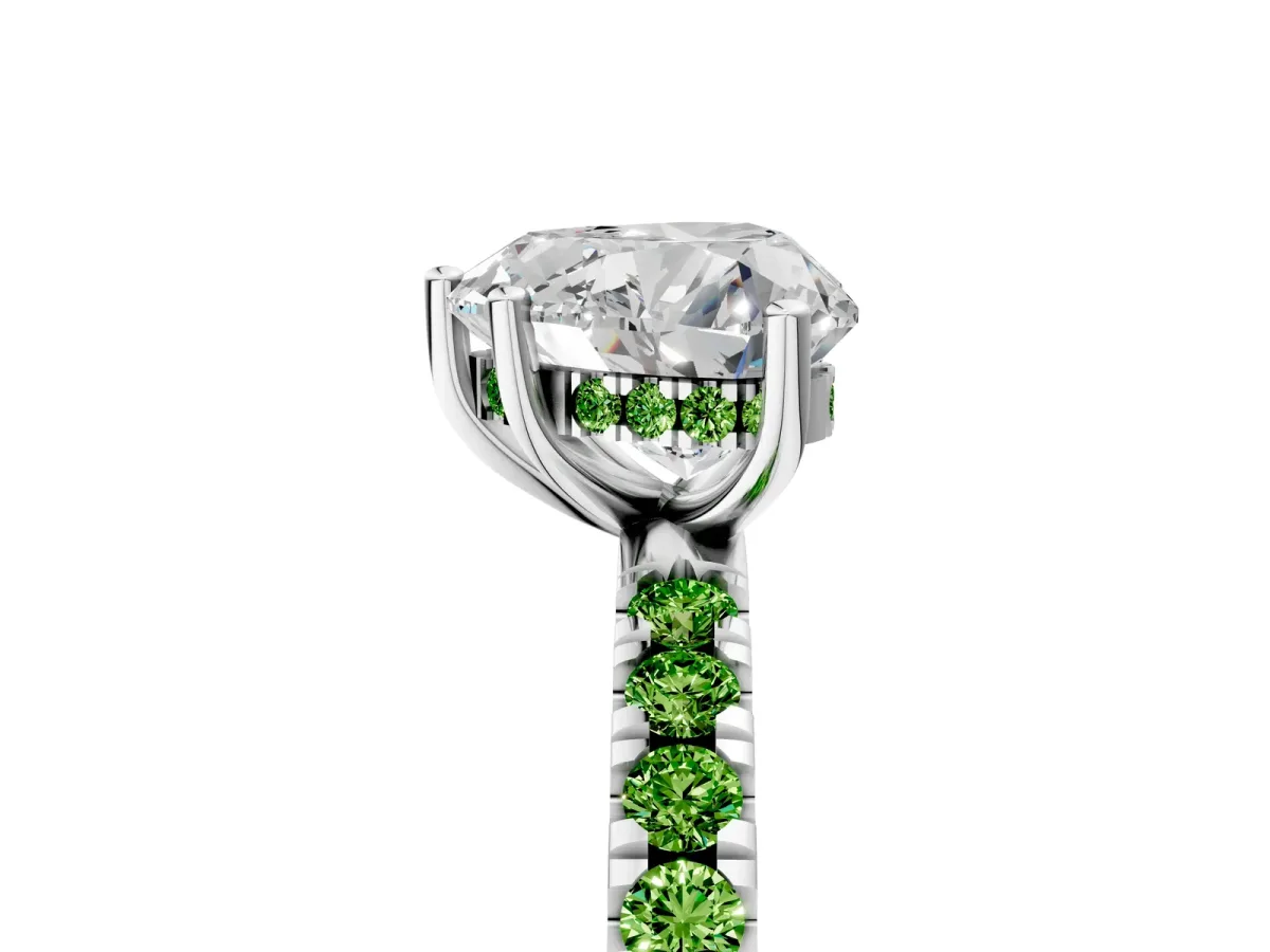 Heart Cut Diamond Pave Band Solitaire Ring with Round Peridot and Prong Setting Platinum