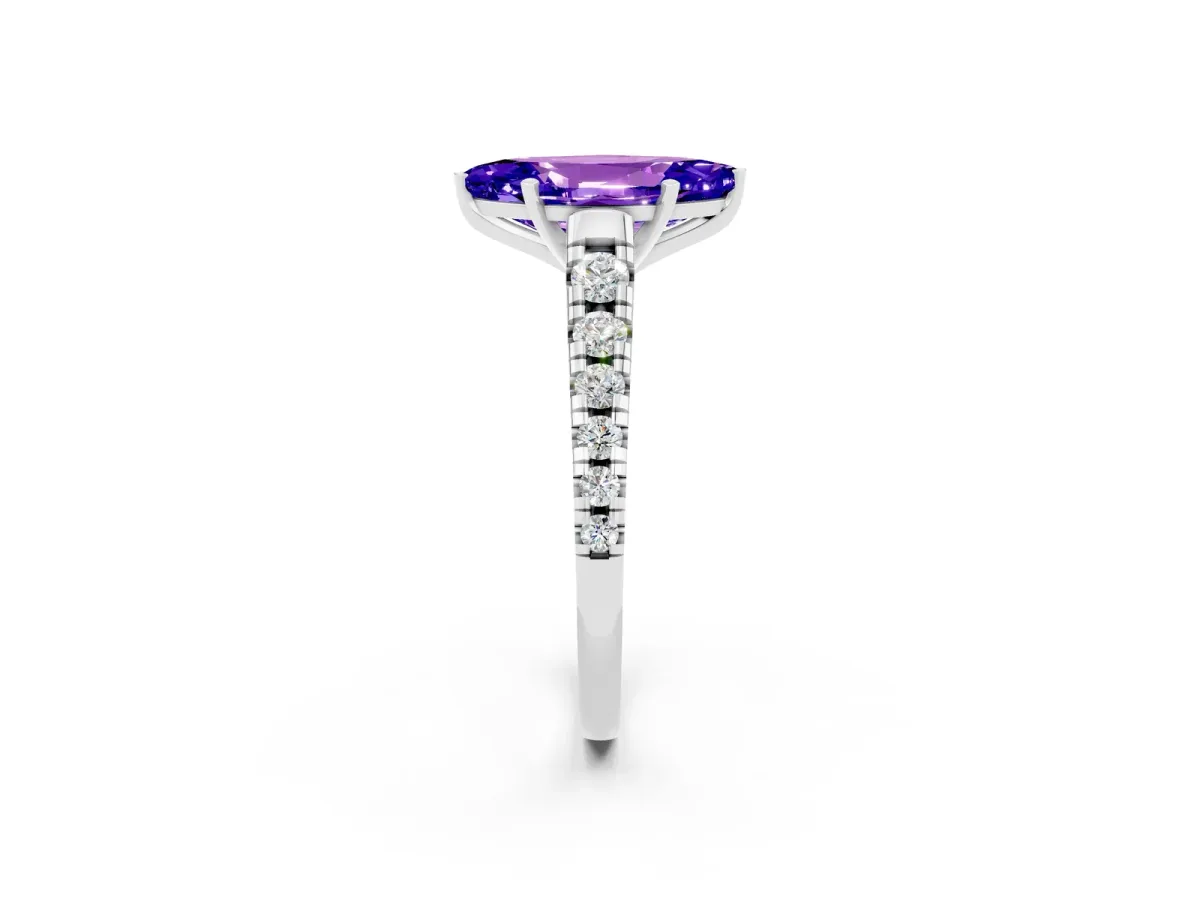 Marquise Cut Tanzanite Cathedral Solitaire Ring with Round Pavé Band Platinum