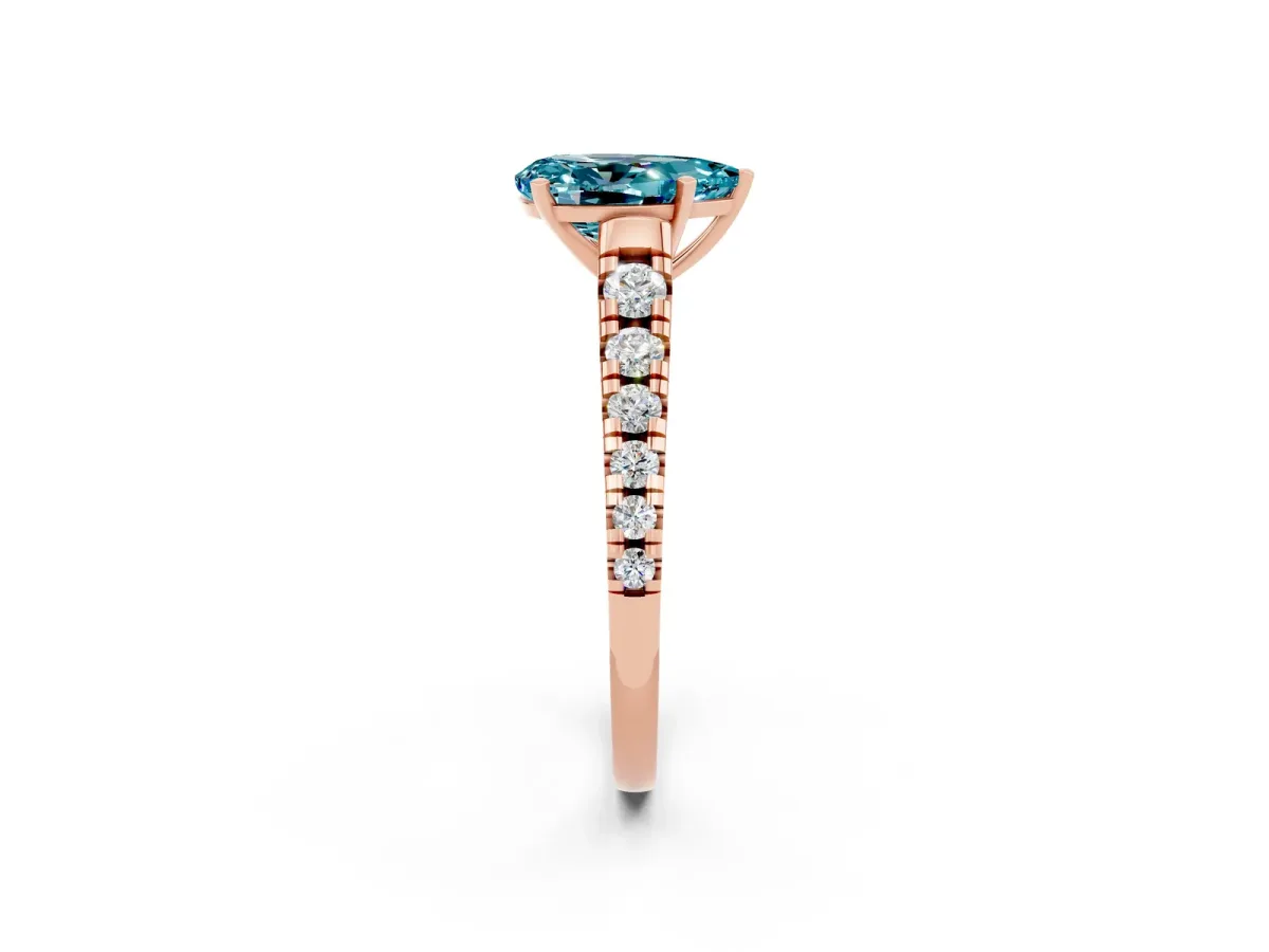 Pear Cut Blue Topaz Cathedral Solitaire Ring with Round Pavé Band Rose gold