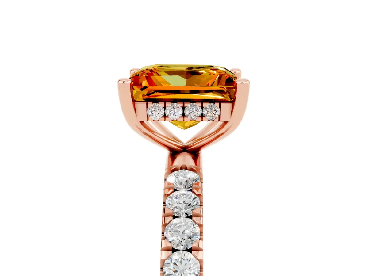 Princess Cut Citrine Pave Band Solitaire Ring with Round and Prong Setting Rose gold