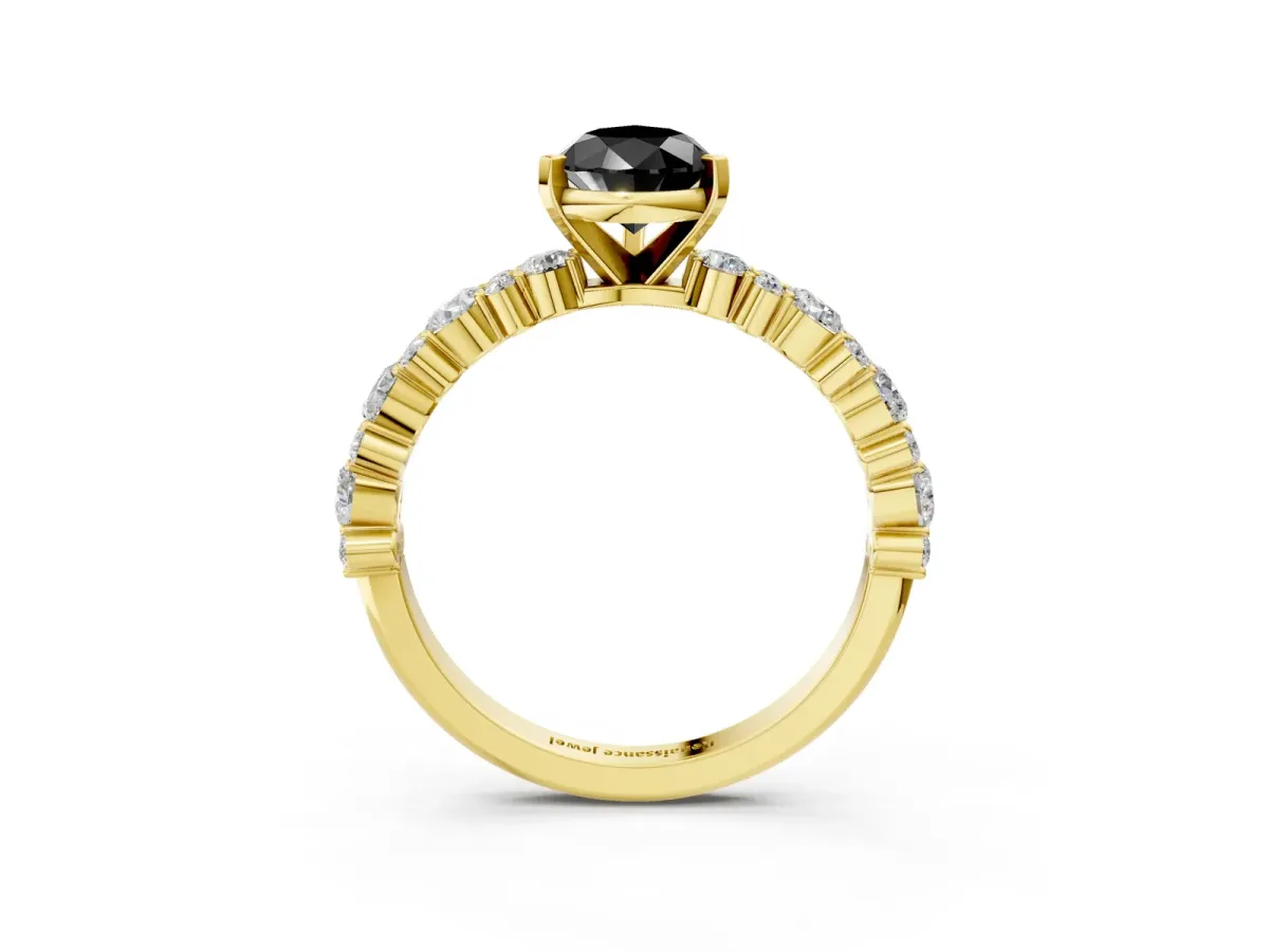 Fancy Black Pear Cut Diamond Side Stone Solitaire Ring with Round and Four-Prong Setting Yellow gold