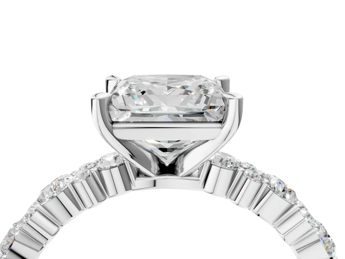 Princess Cut Diamond Side Stone Solitaire Ring with Round Moissanite and Four-Prong Setting Platinum
