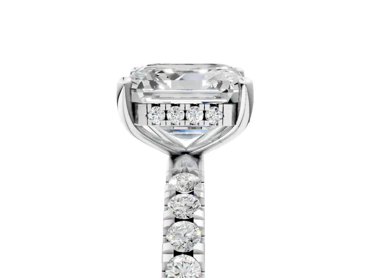 Asscher Cut Diamond Pave Band Solitaire Ring with Round Moissanite and Prong Setting Platinum