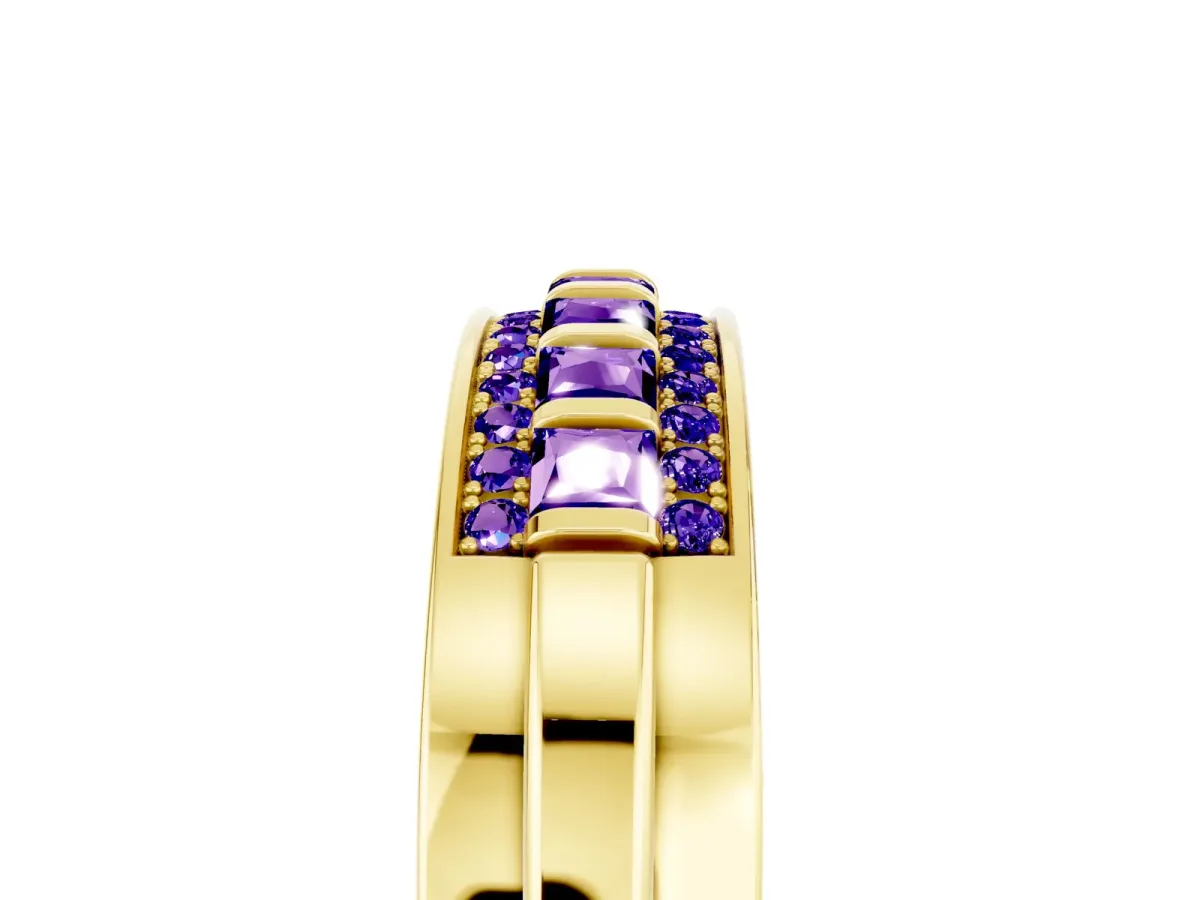 Bar-Set Princess Cut Tanzanite Pavé Band Yellow gold