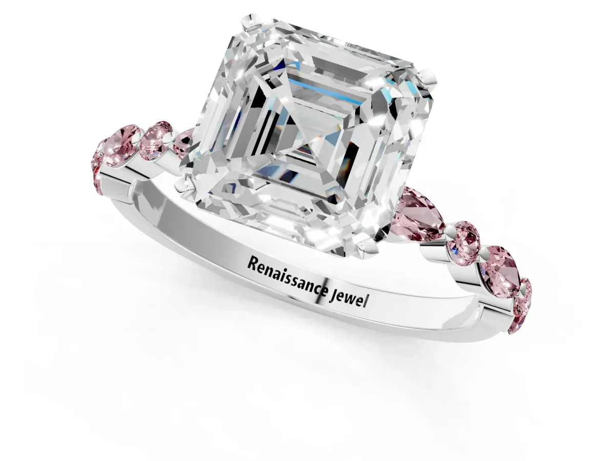 Asscher Cut Diamond Ring with Marquise and Round Morganite Side Stones and Four-Prong Setting Silver