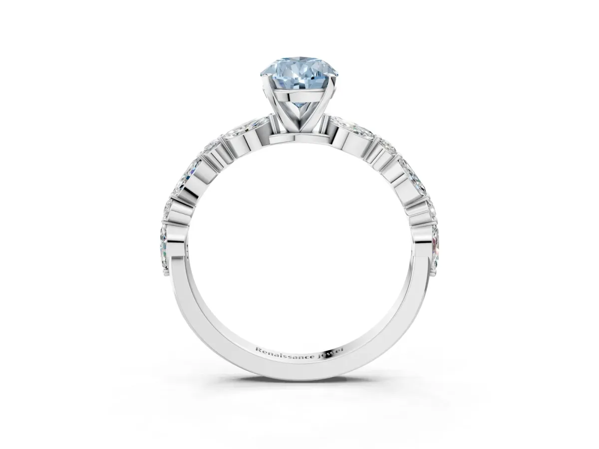 Fancy Blue Pear Cut Diamond Ring with Marquise and Round Side Stones and Four-Prong Setting Platinum