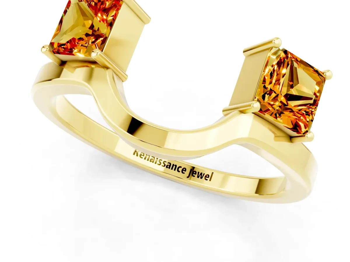 Princess Cut Citrine Two-Stone Open Band Ring with Four-Prong Setting Yellow gold