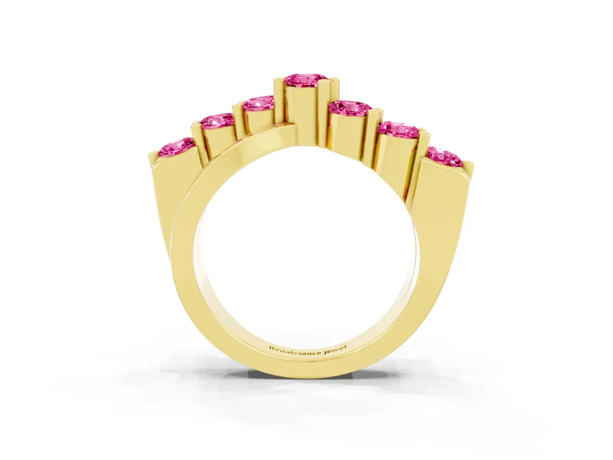 Round Pink Sapphire Prong-Set Crossover Band Yellow gold